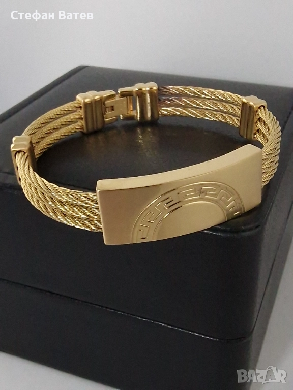 Мъжка гривна с полукръгла плочка и гръцки орнамент – позлатена, снимка 1