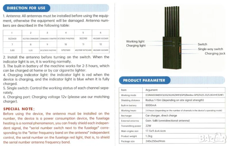 Wireless Full-Band Signal Jammer 12xAntennas iPhone 3G 4G 5G WiFi LOJACK Anti-GPS Satellites Blocker, снимка 1