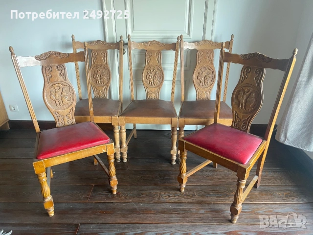 Столове дърворезба и кожа 5 бр