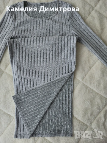 Дълга сива дамска рокля по тялото с дълъг ръкав и цепка, снимка 4 - Рокли - 53285387