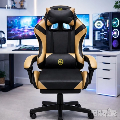 Геймърски стол с масажна функция, лумбална възглавница и поставка за крака – Черен-златист, снимка 3 - Столове - 53446264