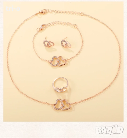 Комплект от луксозни часовник от розов метал и кристали, гривна, пръстен, колие и обеци, снимка 6 - Дамски - 52529332