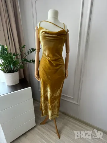 Zara Елегантна рокля от кадифе, охра, размер L, снимка 7 - Рокли - 50075021