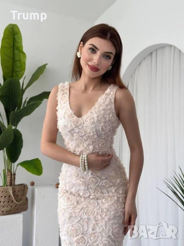 Елегантна дълга рокля,3D цветя, нежно екрю, снимка 3 - Рокли - 50614853