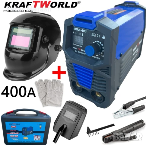 Инверторен Електрожен 400А KraftWorld + Соларна Маска – с Дисплей, Куфар, Кабели, Маска, Чукче, снимка 1