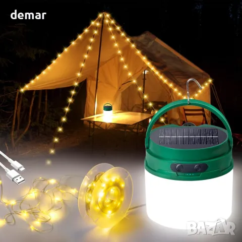 Къмпинг гирлянди - 2 в 1 соларни и USB акумулаторни, 3600mAh, 8 режима, водоустойчиви, 12 метра