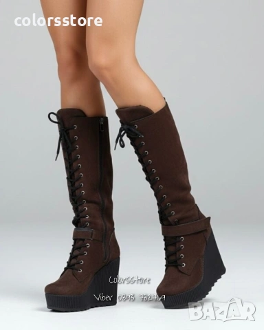 Ботуши на платформа - кафяв велур с черно ходило - 1905 