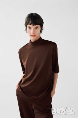 Дамска блуза с къс ръкав и висока яка Zara, 96% полиестер, Кафява, XL