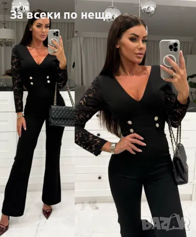 Дамски Стилен Гащеризон С Дантелени Ръкави - 2 Налични Цвята Код D2340, снимка 2 - Гащеризони - 49876663