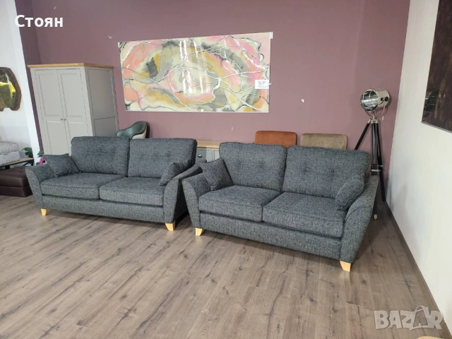 Сив комплект дивани от плат тройка и двойка, снимка 3 - Дивани и мека мебел - 53754312