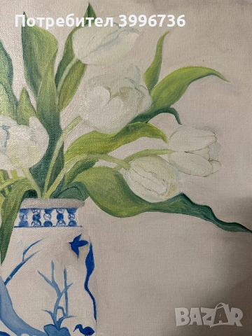 Маслена картина - Бели лалета 40х40см, снимка 4 - Картини - 54113975