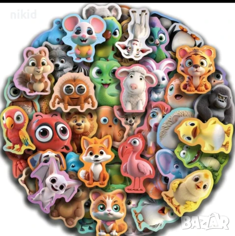 50 бр животни пъстри цветове самозалепващи лепенки стикери украса картонена торта, снимка 5 - Други - 51268530