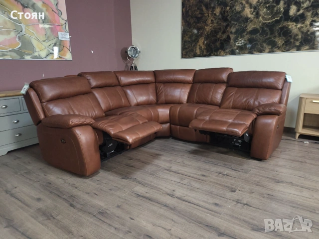Кафяв кожен ъглов диван Moreno с електрически релаксиращ механизъм, снимка 2 - Дивани и мека мебел - 53702191