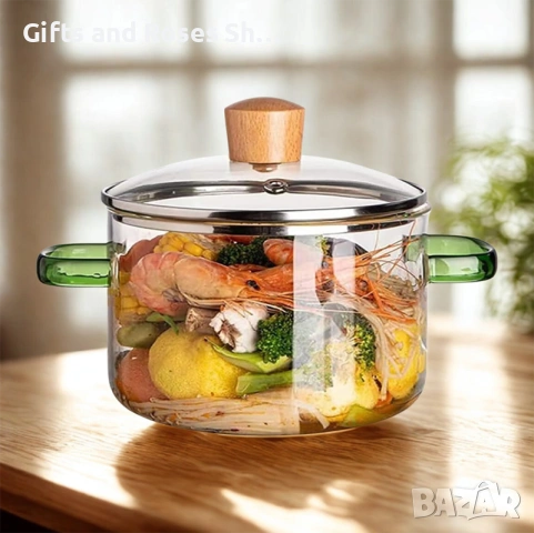 Стъклена тенджера със зелени дръжки, снимка 3 - Съдове за готвене - 53880050