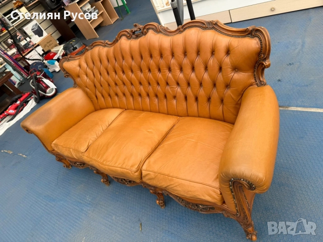 2411    ретро кожен холов диван /  канапе 200 см -цена 265лв или 135,49 евро  -ретро , с дърворезба , снимка 3 - Дивани и мека мебел - 52522234