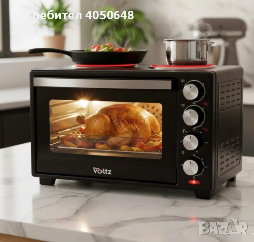 Готварска печка Voltz с фурна и 2 котлона 3200W, компактна електрическа печка за кухня