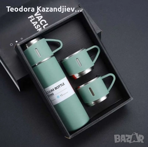 Подаръчен комплект термос с 3 чаши, зелен, розов, сив, снимка 2 - Прибори за хранене, готвене и сервиране - 52579053