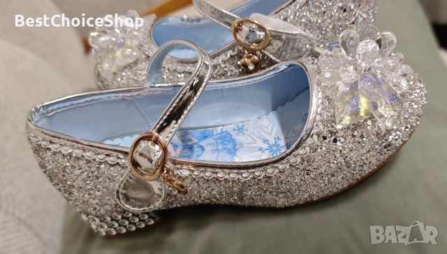 Брокатени обувки с кристални орнаменти, нисък ток, принцеса Елза. Размер 33, снимка 6 - Детски обувки - 53156606