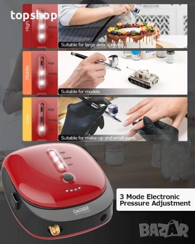 Комплект за аерограф Oasser, компресор, ръчен с двойно действие, литиева батерия, авто спиране с LED, снимка 7 - Гедорета - 51628764