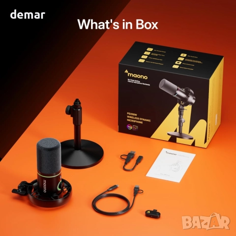 MAONO PD200W Хибриден динамичен безжичен подкаст микрофон със стойка, снимка 9 - Микрофони - 52534115
