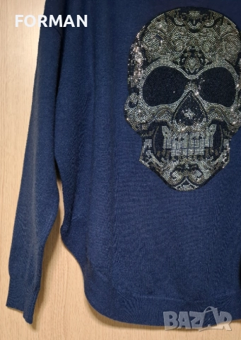 Тъмносиня блуза от фино плетиво с череп от сребристи камъчета, снимка 3 - Блузи с дълъг ръкав и пуловери - 52926348