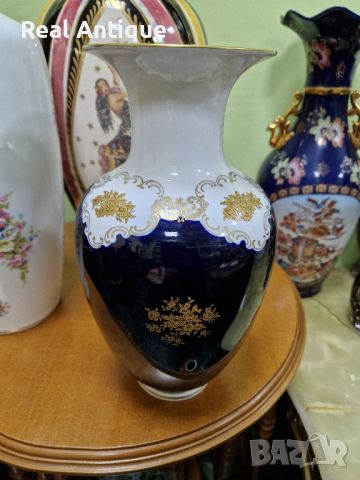 Рядка уникална антикварна колекционерска порцеланова немска ваза кобалт с позлата Reichenbach