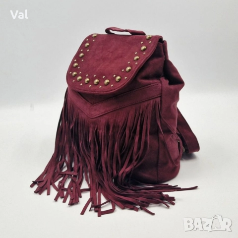 Велурена дамска раница с ресни и метални нитове-бохо стил и практичност, снимка 18 - Чанти - 52475253