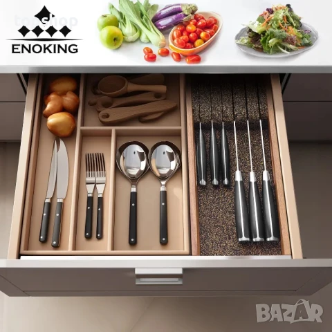 Органайзер за чекмеджета за ножове Enoking, блок за ножове с коркови разделители, акациево дърво, снимка 6 - Други стоки за дома - 50455373