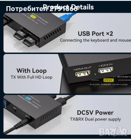 HDMI KVM USB 120M удължител зa предаване през Cat5e/6/7 HD Full HD 1080P60Hz Поддръжка Loop, снимка 8 - Кабели и адаптери - 48482126