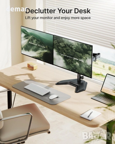 monTEK Стабилна самостоятелна стойка за два монитора 17–32", солидна V-образна основа, снимка 7 - Монитори - 53426580