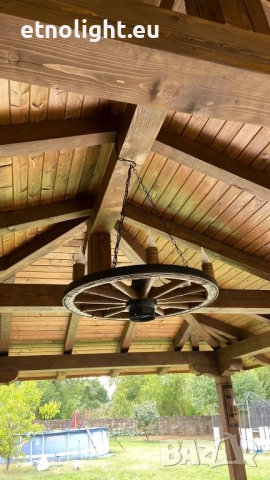 Полилеи, осветление,лампи от автентични колела от каруца с ръчно изработени дървени чашки , снимка 18 - Полилеи - 52059038