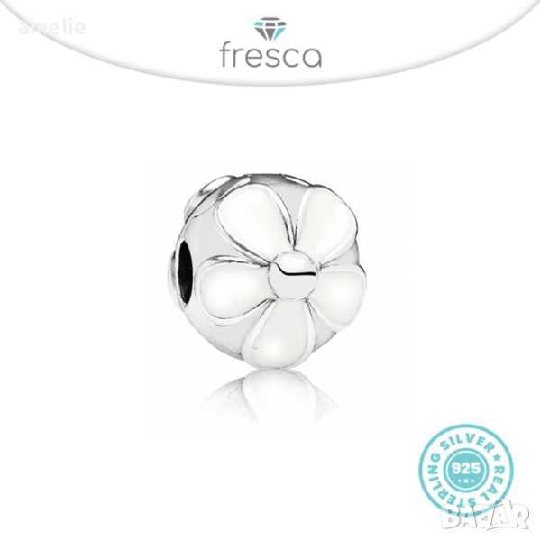 Талисман сребро 925 Fresca по модел тип Пандора Клипс White Daisy Clip. Колекция Amélie, снимка 1