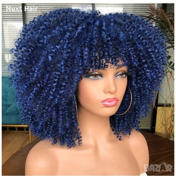 Къса омбре афро къдрава синя перука с черни корени, снимка 1
