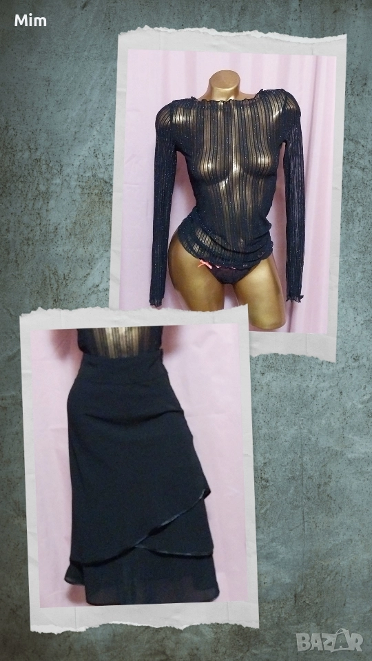 S Черна прозрачна блуза и пола на три волана, снимка 1