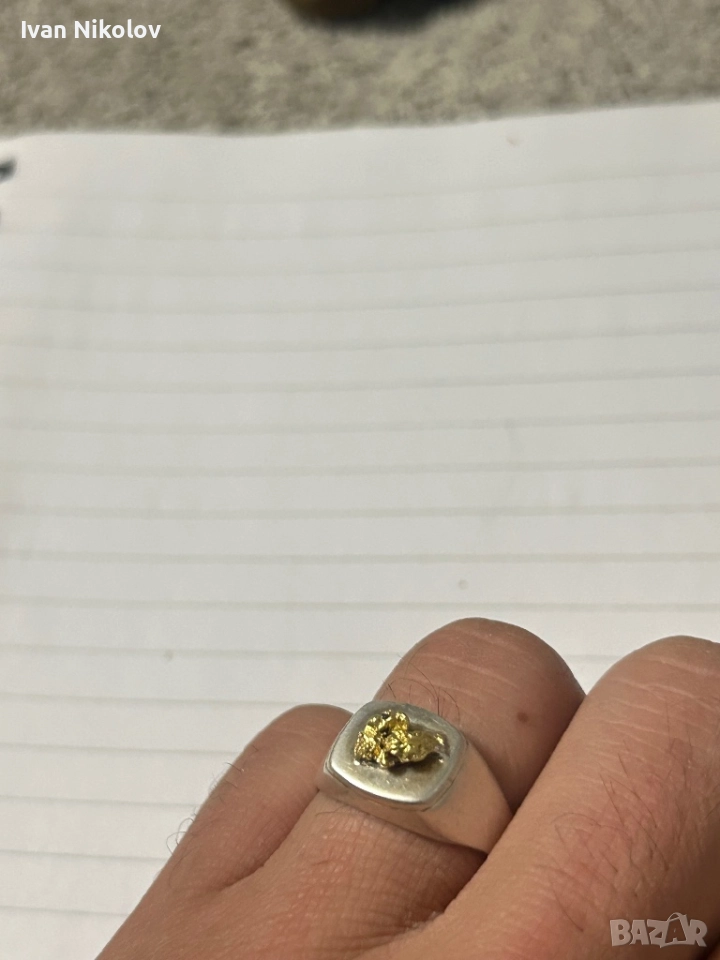 Мъжки сребърен пръстен със самородно злато, голяма самородка, снимка 1