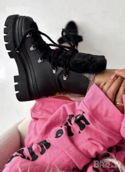 Боти на платформа - черна кожа с черен пух , снимка 1