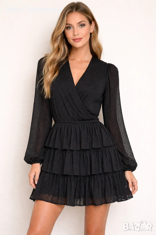 Нова луксозна къса черна елегантна волани къдри  рокля V образно деколте , снимка 1