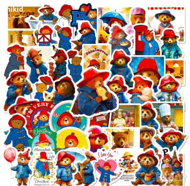 50 бр мече Мечето Падингтън самозалепващи лепенки стикери украса декор картонена торта, снимка 1