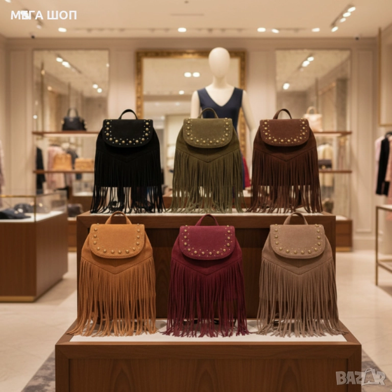 Велурена дамска раница с ресни и метални нитове – бохо стил и практичност, снимка 1