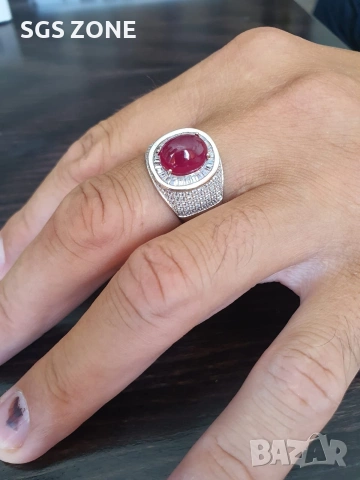 Мъжски сребърен пръстен с рубин в шлифовка кабошон, снимка 3 - Пръстени - 53046704