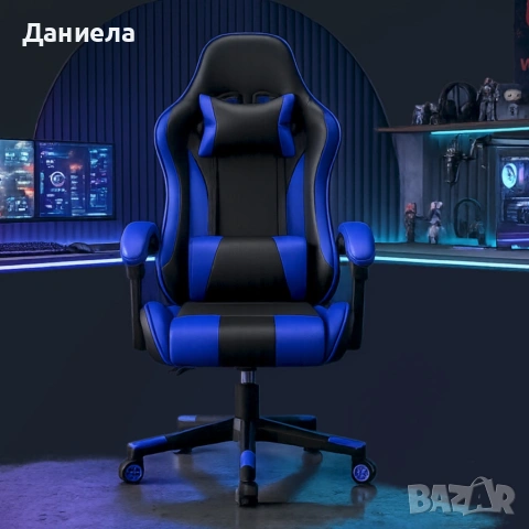 Ергономичен офис и геймърски син стол – Максимален комфорт за гърба и врата, регулируем, снимка 2 - Столове - 54204506