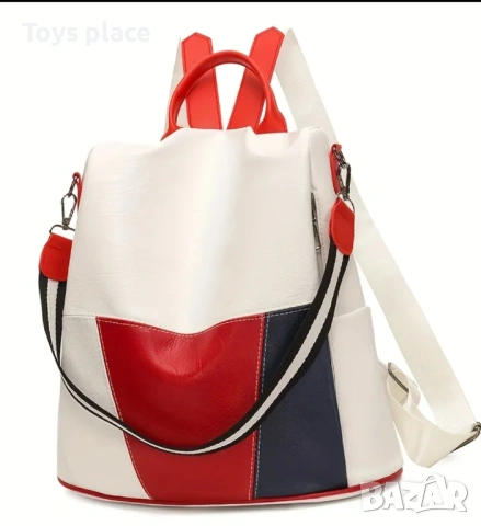 Нова кожена раница, дамска раница бяло и червено 