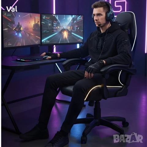 Геймърски стол премиум LED: Ергономичен комфорт със 7 цвята светлинни ефекти и релакс зона, снимка 11 - Столове - 53891949