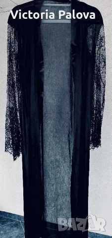 Елегантен черен шифонов пеньоар с дантелени ръкави, снимка 2 - Други - 52672055