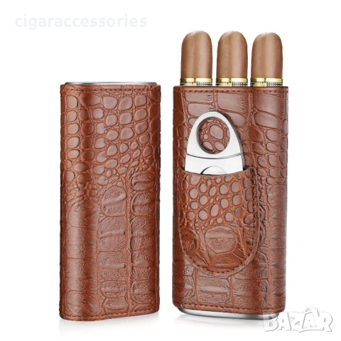 Елегантен кожен калъф за 3 пури с крокодилски ефект и резачка, снимка 10 - Табакери - 50785357