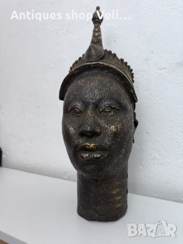 Африканско изкуство-бронзова глава Бенин №7561, снимка 2 - Антикварни и старинни предмети - 52245740