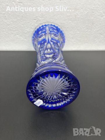Бохемска кристална кобалтово / синя ваза. №5394, снимка 7 - Антикварни и старинни предмети - 45761499