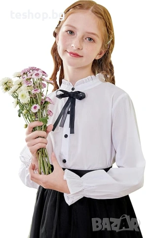 Детска блуза с дълъг ръкав за момичета, памучна, с копчета+панделка
