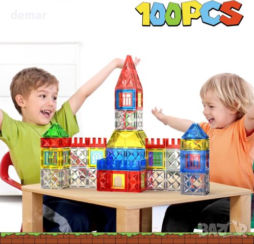MIKIBLUE Детски строителен комплект с 4D магнитни плочки, 100 части, играчка за деца 3+ г., снимка 6 - Образователни игри - 46446417