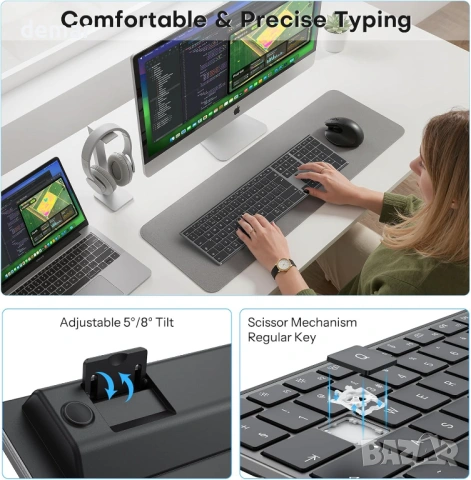 Безжична клавиатура OMOTON за Mac с метална рамка, 2.4G/Bluetooth клавиатура с подсветка, снимка 4 - Клавиатури и мишки - 53778119